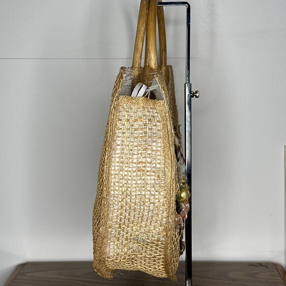 Womens Hand Bag Tote Weaved Jute Floral Vase Design Wooden Handles Summer Beach - Picture 3 of 14